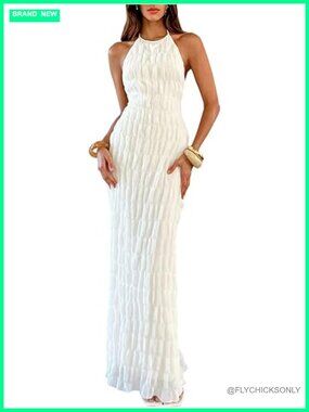Halter Backless Ruched Maxi Dress with Tiered Ruffles Sleeveless Wedding Guest